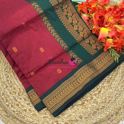 Kalyani Cotton Saree - Maroon With Green Shade - VVKC002
