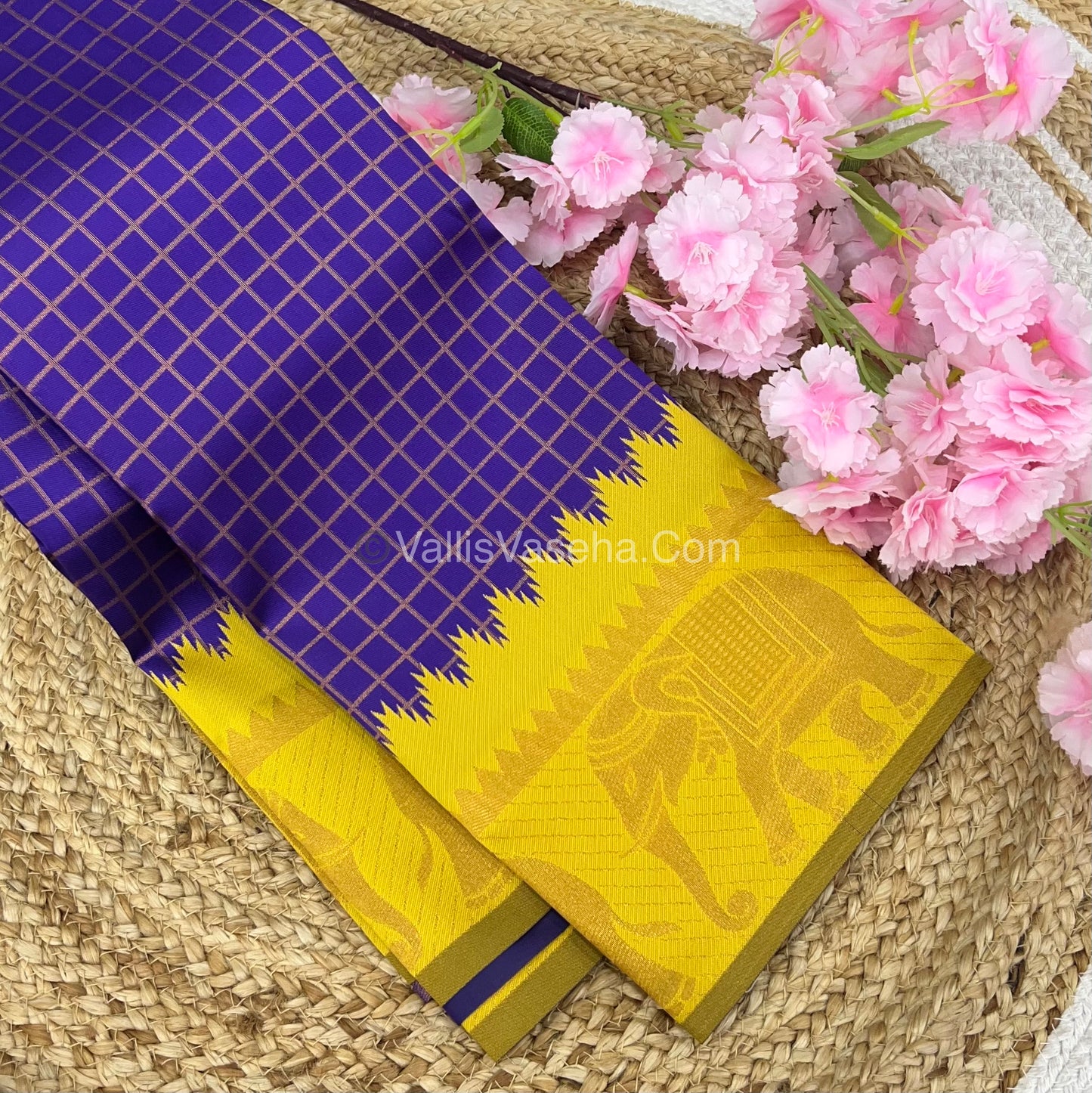 Semi Silk Saree - Kanchi Silk Style - Elephant Border - Violetish Blue with Yellow- VVSSS005