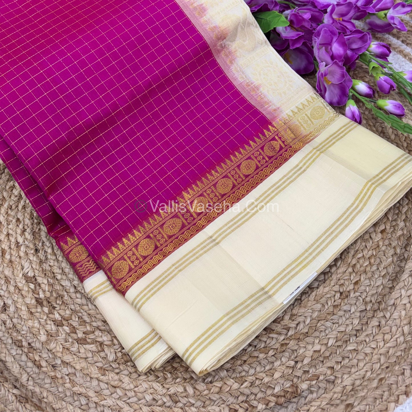 Pure Korvai Silk Cotton - Retta Petta Border - Pink With Cream Combo - VVKSC010