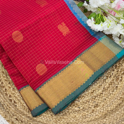 Pure Silk Cotton Saree - Mayil & Chakkaram Design - Red  With Blue Shade - VVMC002
