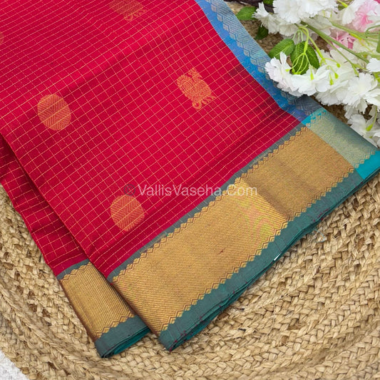Pure Silk Cotton Saree - Mayil & Chakkaram Design - Red  With Blue Shade - VVMC002
