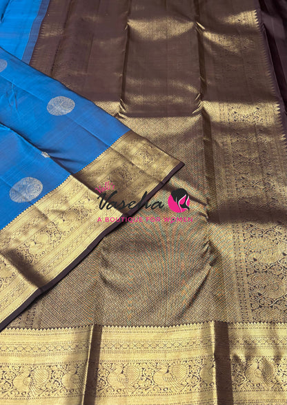 Pure Kanchipuram Silk Saree - Blue With Brown - VVPS094