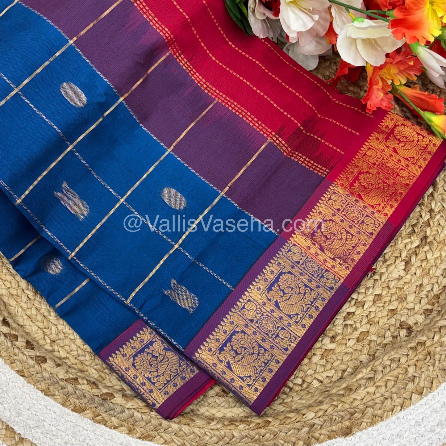 Semi Silk Cotton Saree - Blue with Red shade - VVSSC002