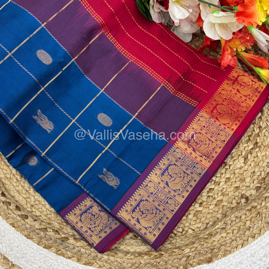 Semi Silk Cotton Saree - Blue with Red shade - VVSSC002