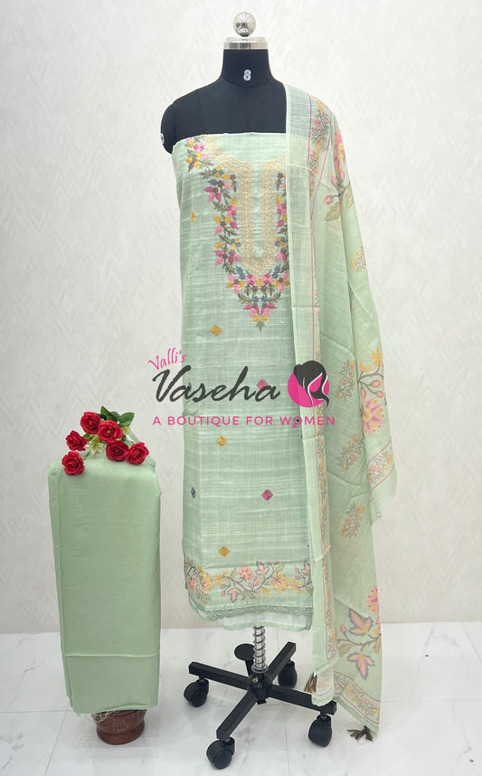 Unstitched Linen Mixed Cotton Material | Green Shade | VVUSM054