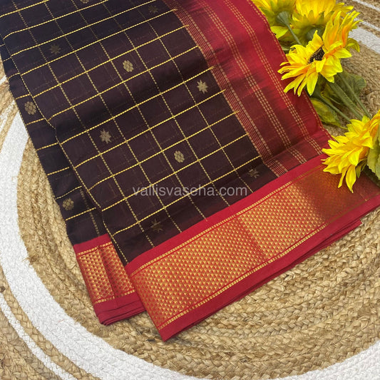 Pure Korvai Silk Cotton - Checks Pattern - Brown with Merunish Red - VVKSC015