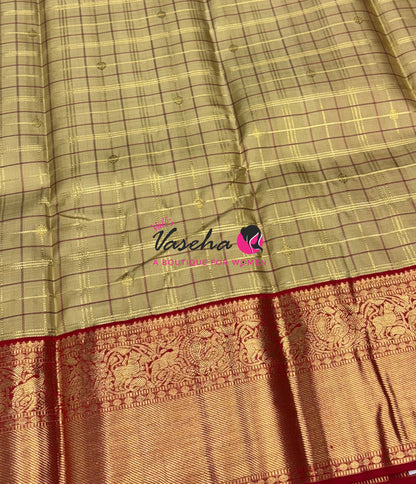 Pure Vintage Korvai Kanchipuram Silk Saree - Cream With Red - VVPS102