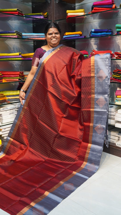 Pure Soft Silk Saree - Rain Drop Design - Merun with Grey Combo - VVPSS021