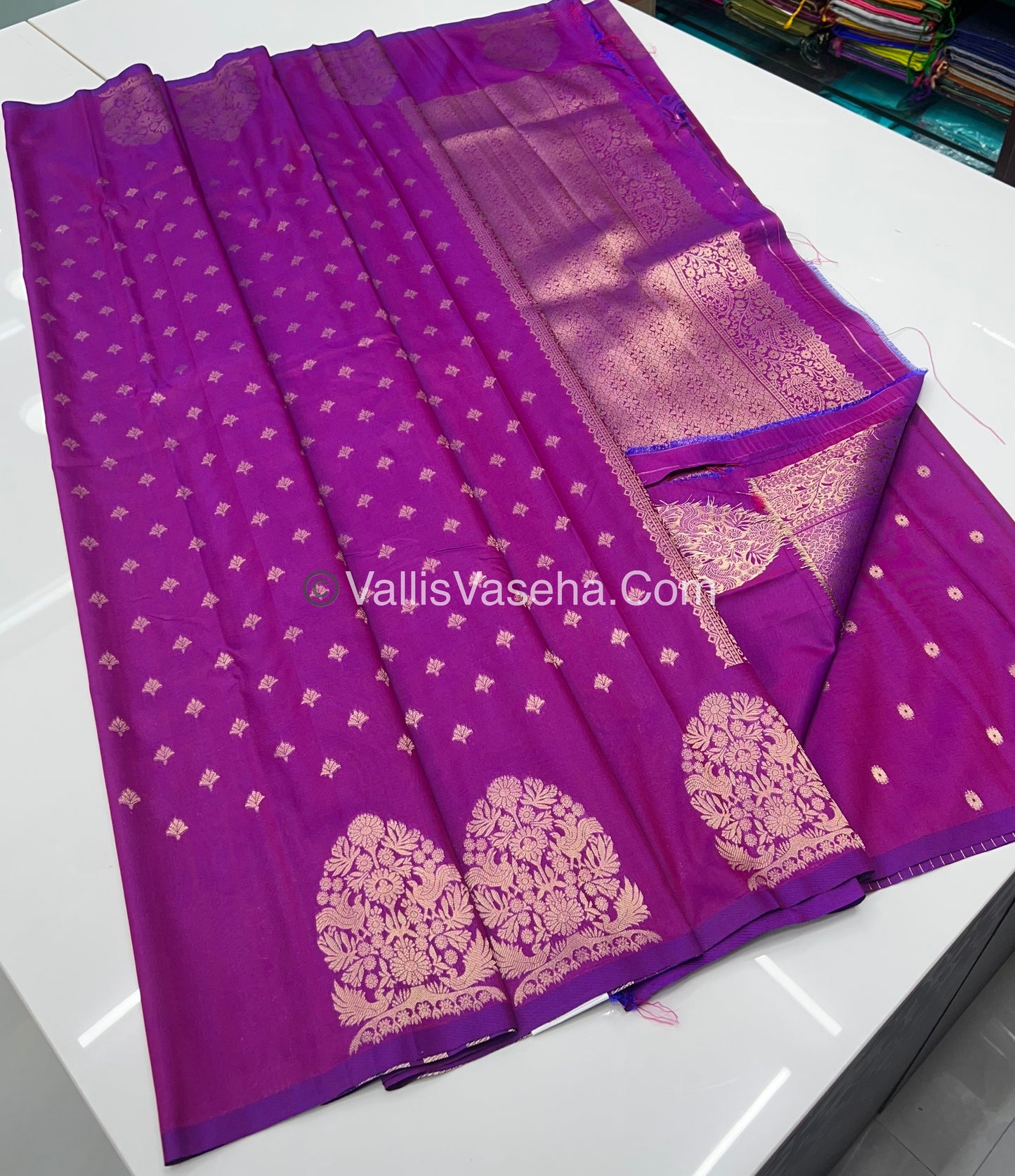 Semi Soft Silk - Tree With Double Birds Butta Border - Purplish Pink Shade -VVSSS011