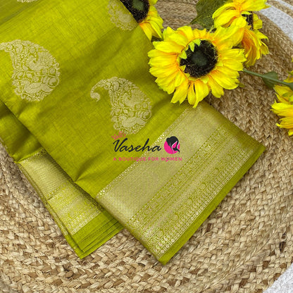 Semi Tussar Silk Saree | Lemon Green Shade |VVSTS055