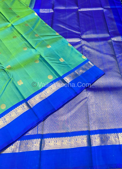 Pure Kanchipuram Silk Saree - Double Tone Teal Yellow with Blue Combo - VVPS011