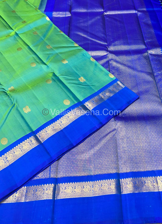 Pure Kanchipuram Silk Saree - Double Tone Teal Yellow with Blue Combo - VVPS011
