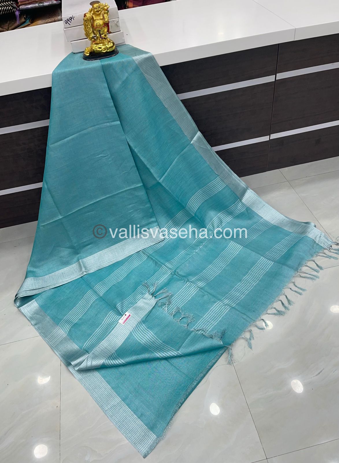 Tissue Linen Saree - Bluish Green - Double tone Shade - VVTLS001