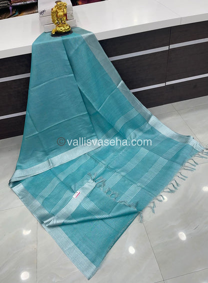 Tissue Linen Saree - Bluish Green - Double tone Shade - VVTLS001