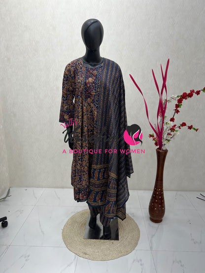Ready Made | Anarkali - Kalamkari Print |Salwar, Kameez & Duppatta(3pc)|Cotton |Blue -VVAS008