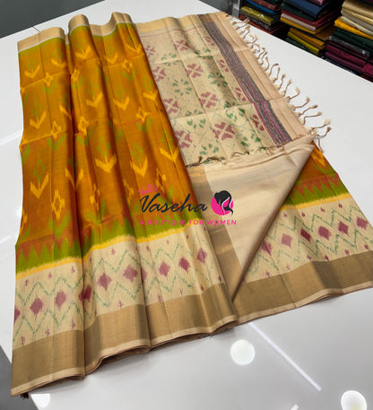 Pure Soft Silk Saree  - Pochampally Weaving - Mustard Yellow & Cream Combo - VVPSS110