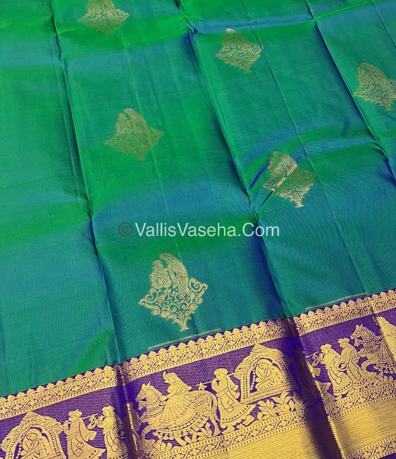 Pure Kanchipuram Silk Saree - Double Tone Peacock Blue with Purplish Pink Shade - VVPS014