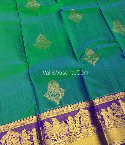Pure Kanchipuram Silk Saree - Double Tone Peacock Blue with Purplish Pink Shade - VVPS014