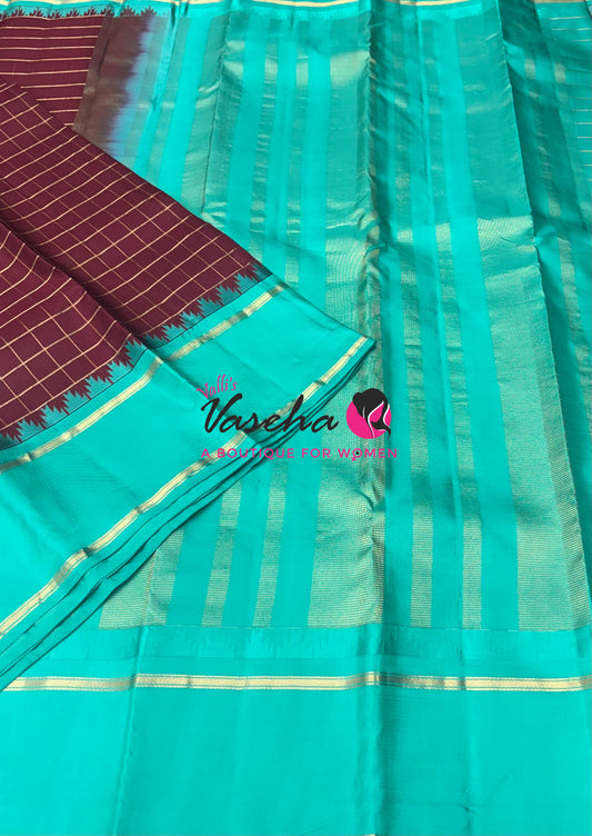 Pure Soft Silk Saree  - Brown With Turquoise Blue Combo - VVPSS149