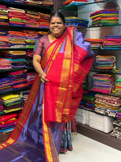 Pure Korvai Silk Cotton - Dark Lavender& Red Combo - VVKSC010