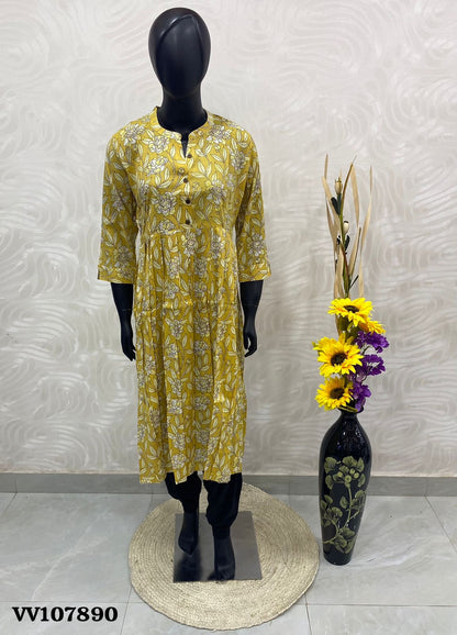 Umbrella Slub Cotton Printed Kurti - Yellow Shade - VV107890