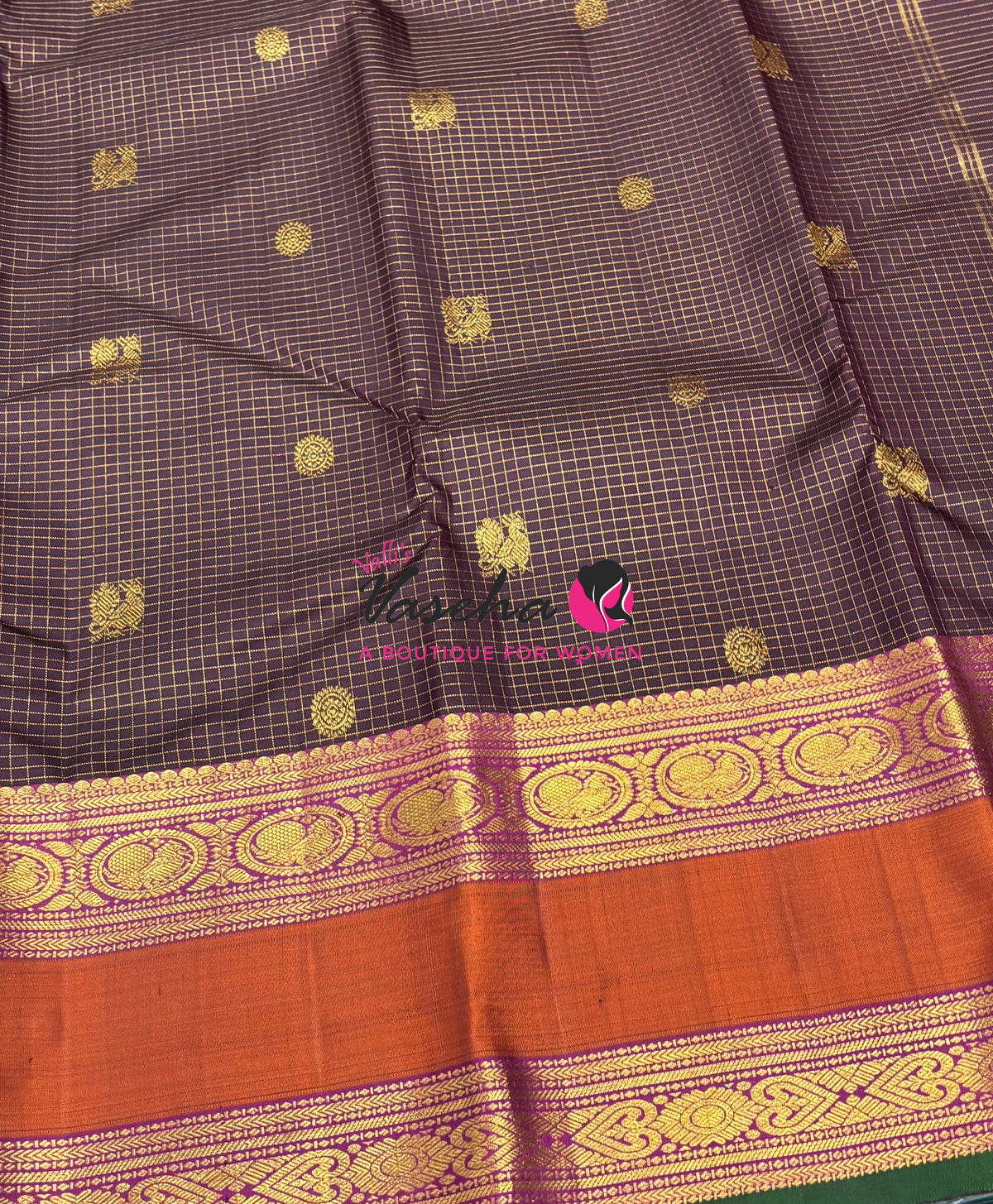 Pure Kanchipuram Silk Saree - Brown & Purplish Pink Combo - VVPS037