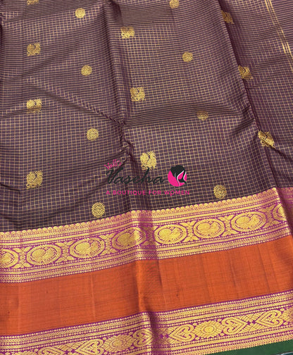 Pure Kanchipuram Silk Saree - Brown & Purplish Pink Combo - VVPS037