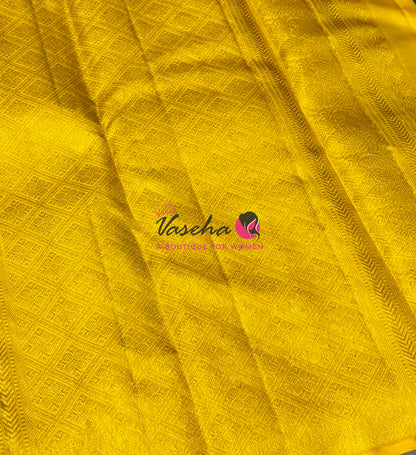 Pure Kanchipuram Silk Saree - Border Less - Blue with Yellow Combo - VVPS043