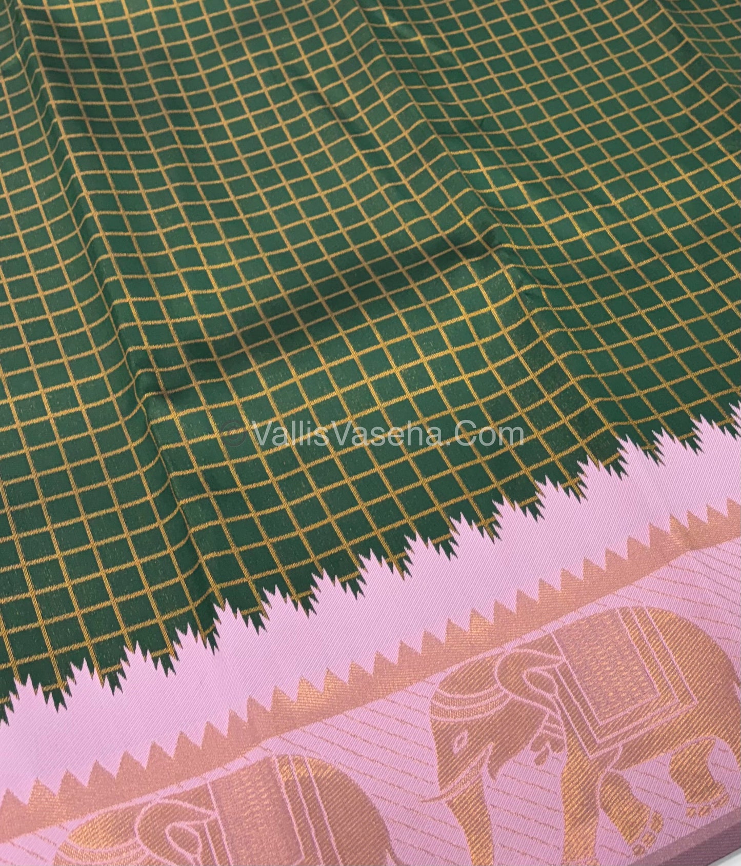 Semi Silk Saree - Kanchi Silk Style - Elephant Border - Green with Pink - VVSSS005