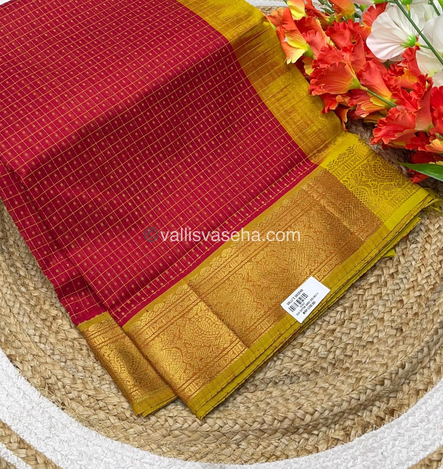 Pure Silk Cotton Saree - Red with Lemon Yellow - Lakshadeepam Design - VVPLD001