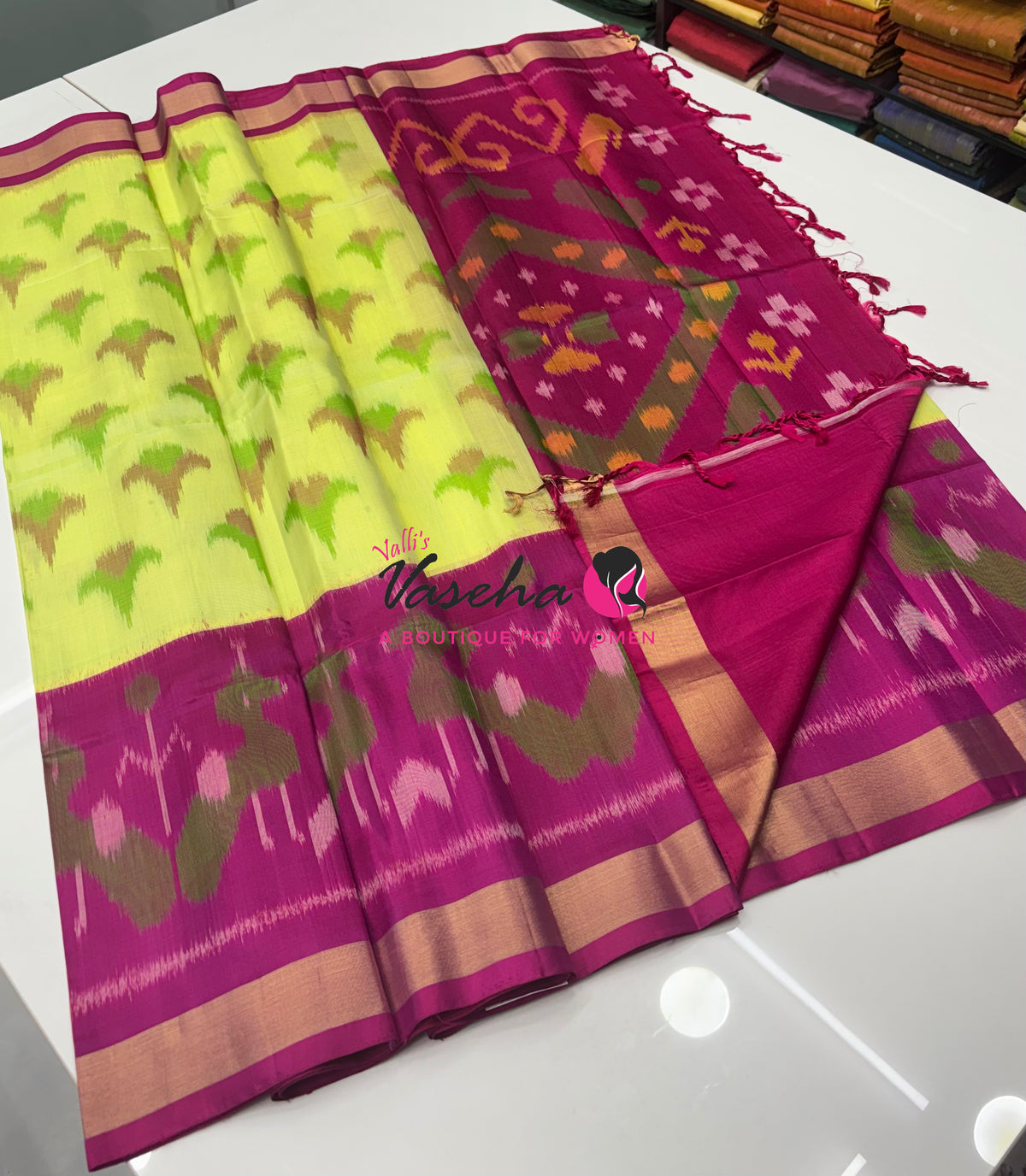 Pure Soft Silk Saree  - Pochampally Weaving - Light Yellow & Pink Combo - VVPSS110