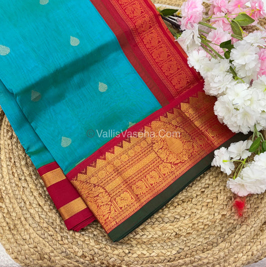 Pure Korvai Silk Cotton Saree - Turquoise Blue with Red - VVKSC019