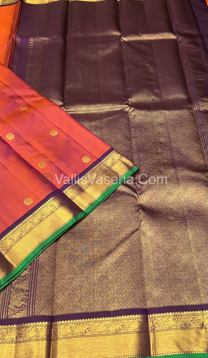 Pure Kanchipuram Silk Saree - Triple Tone  & Wine Purple/Green Combo - VVPS014