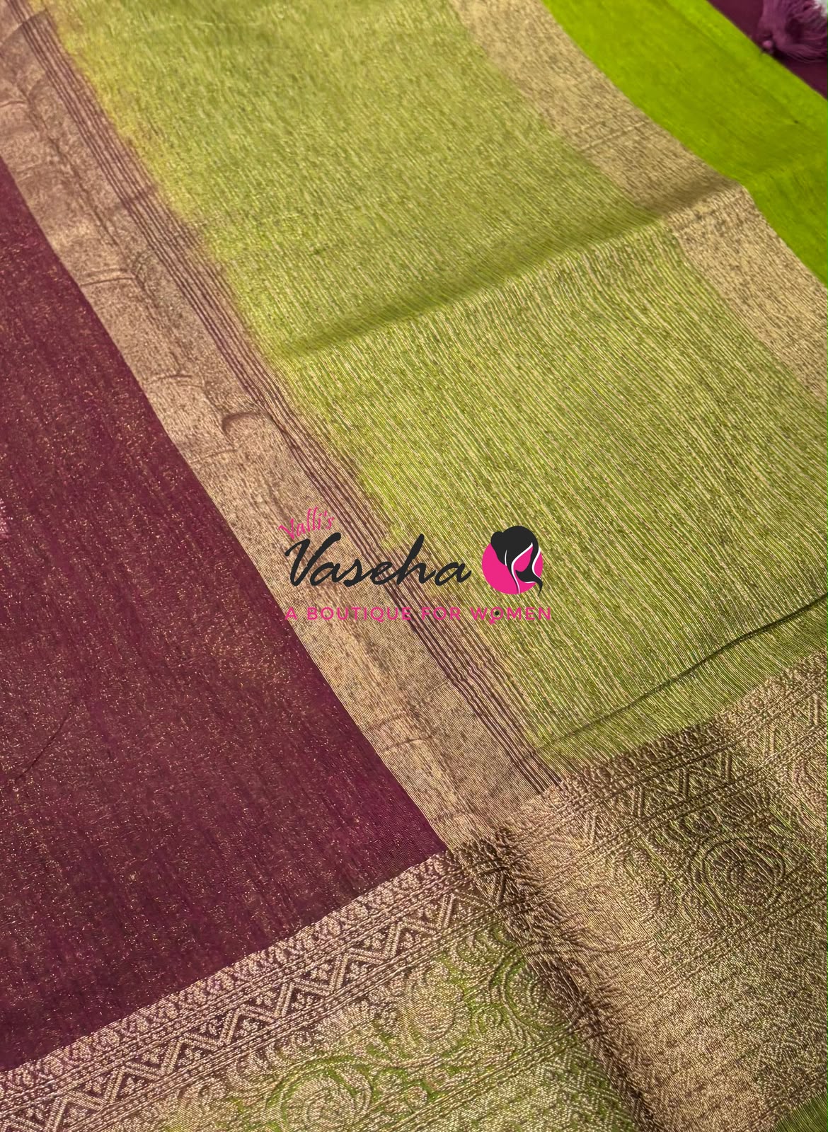 Bamboo Silk Saree - Wine With Green - VVBSS019