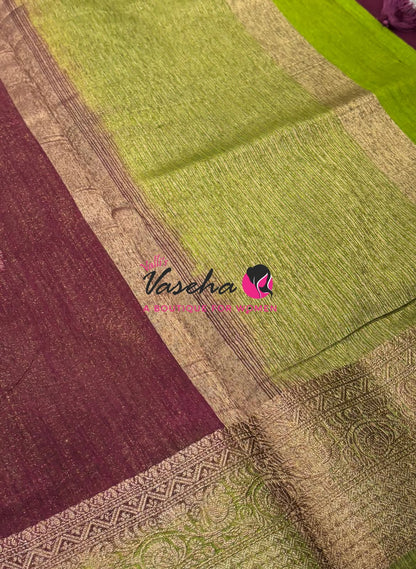 Bamboo Silk Saree - Wine With Green - VVBSS019