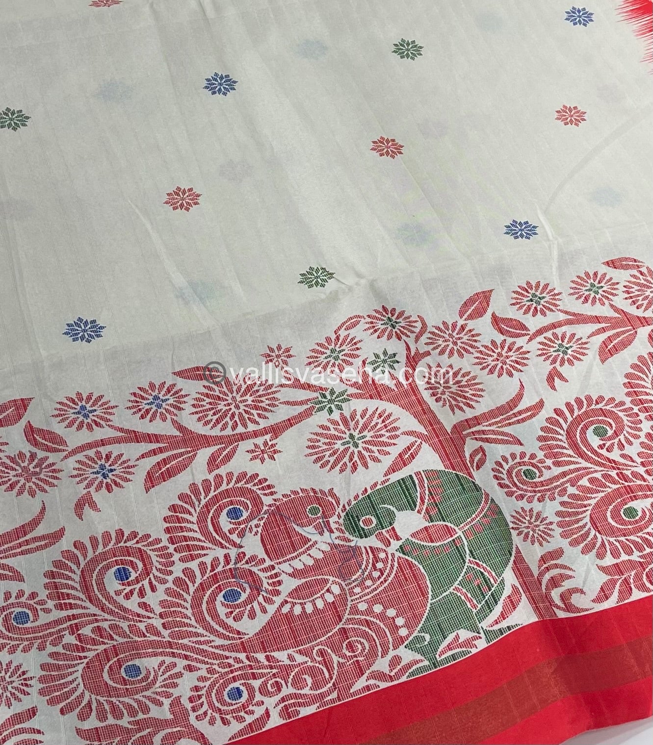 Semi Tussar / Semi Chappa Silk |Peacock Design | - Cream & Peachish Red Combo - VVSTS018