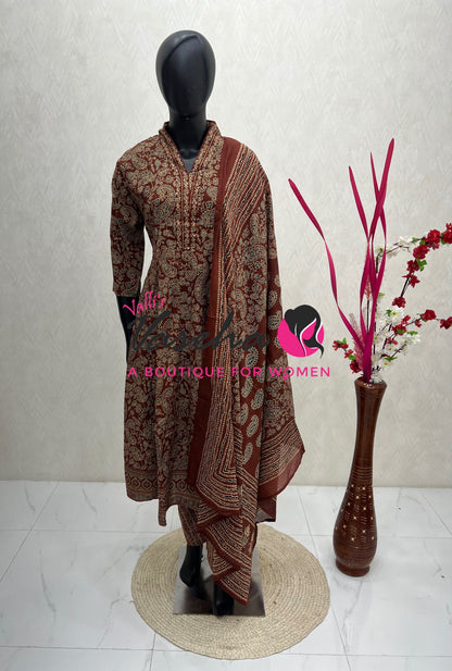 Ready Made | Anarkali - Ajrakh Print |Salwar, Kameez & Duppatta(3pc)|Cotton |Merun - VVAS009