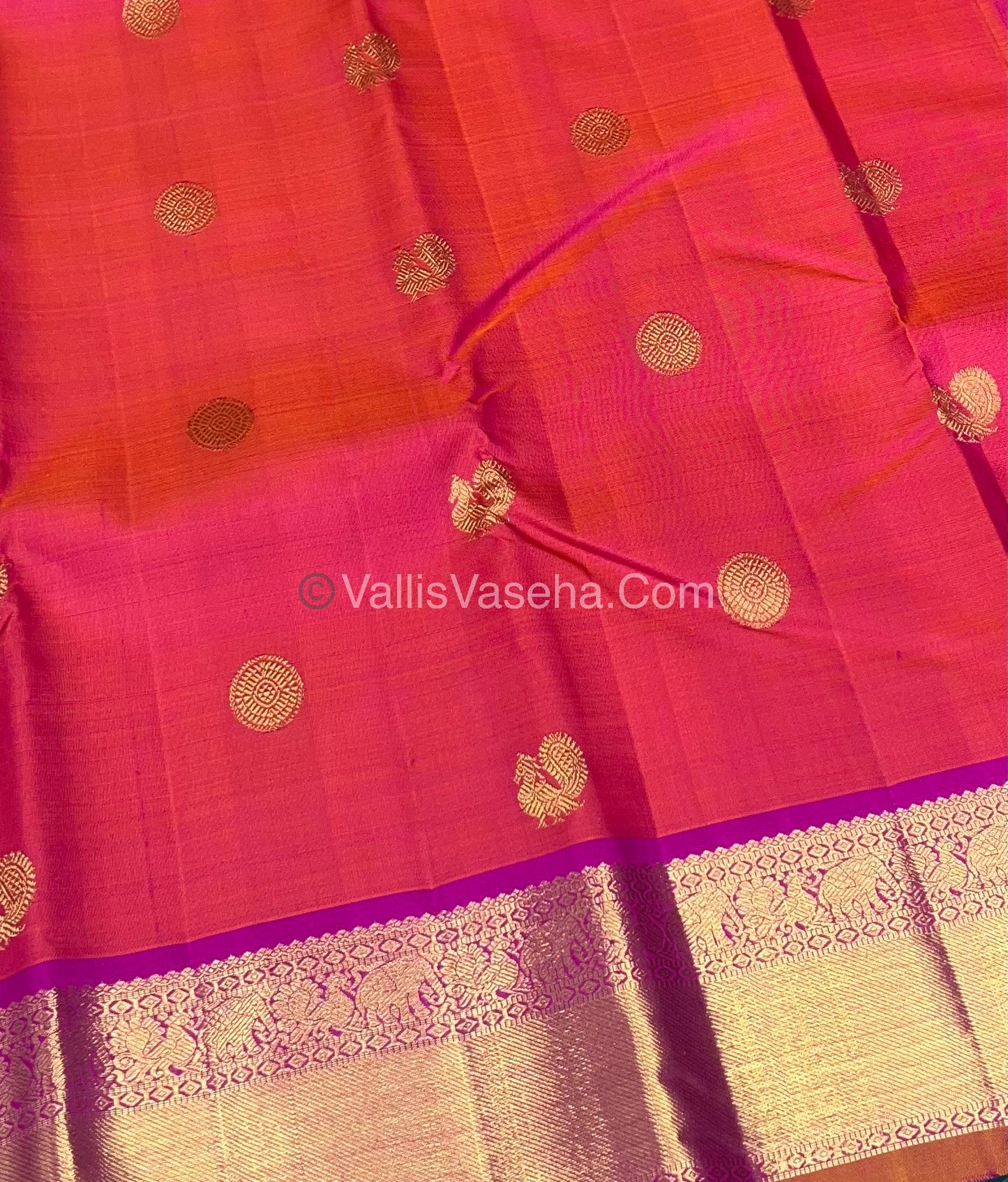 Pure Kanchipuram Silk Saree - Peach With Pink Shade  - VVPS022