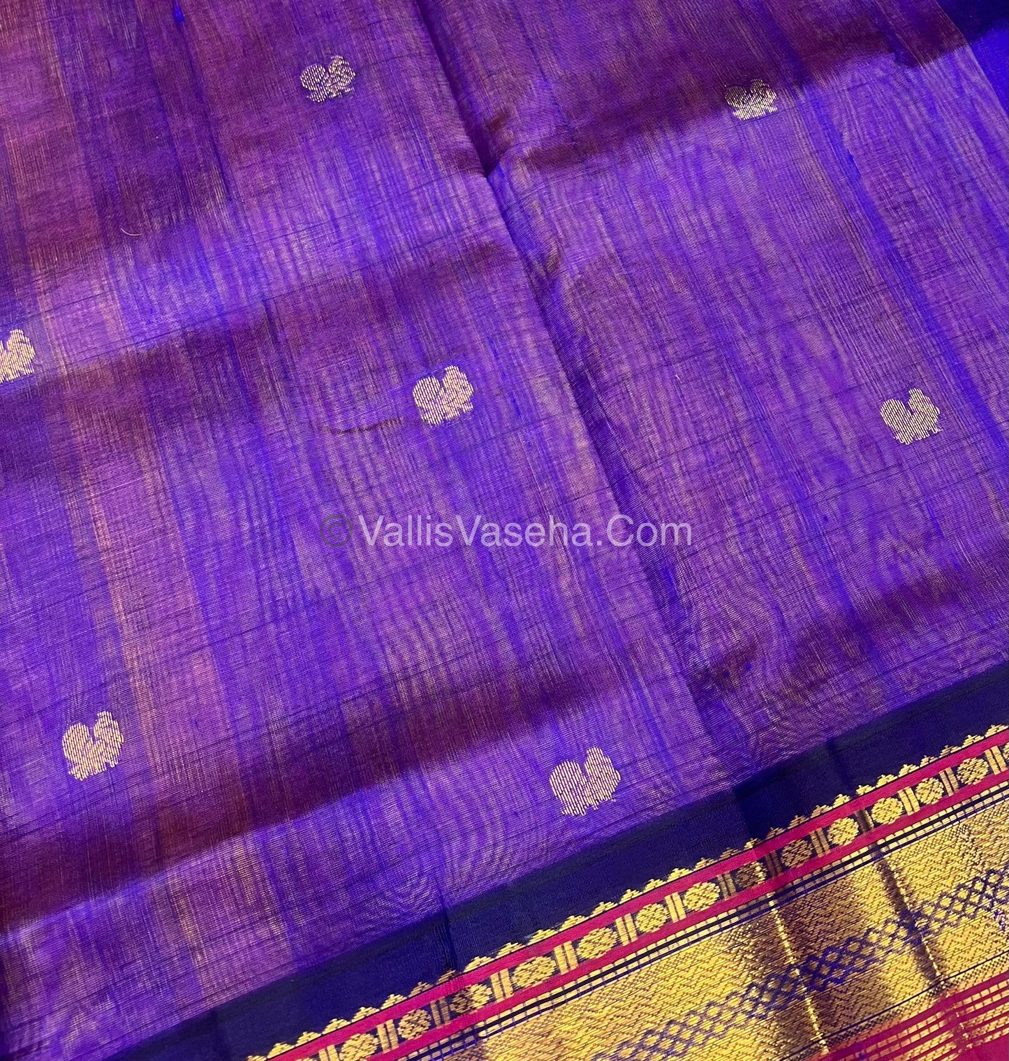 Pure Korvai Silk Cotton Saree - Peachish Gold with Blue - VVKSC004