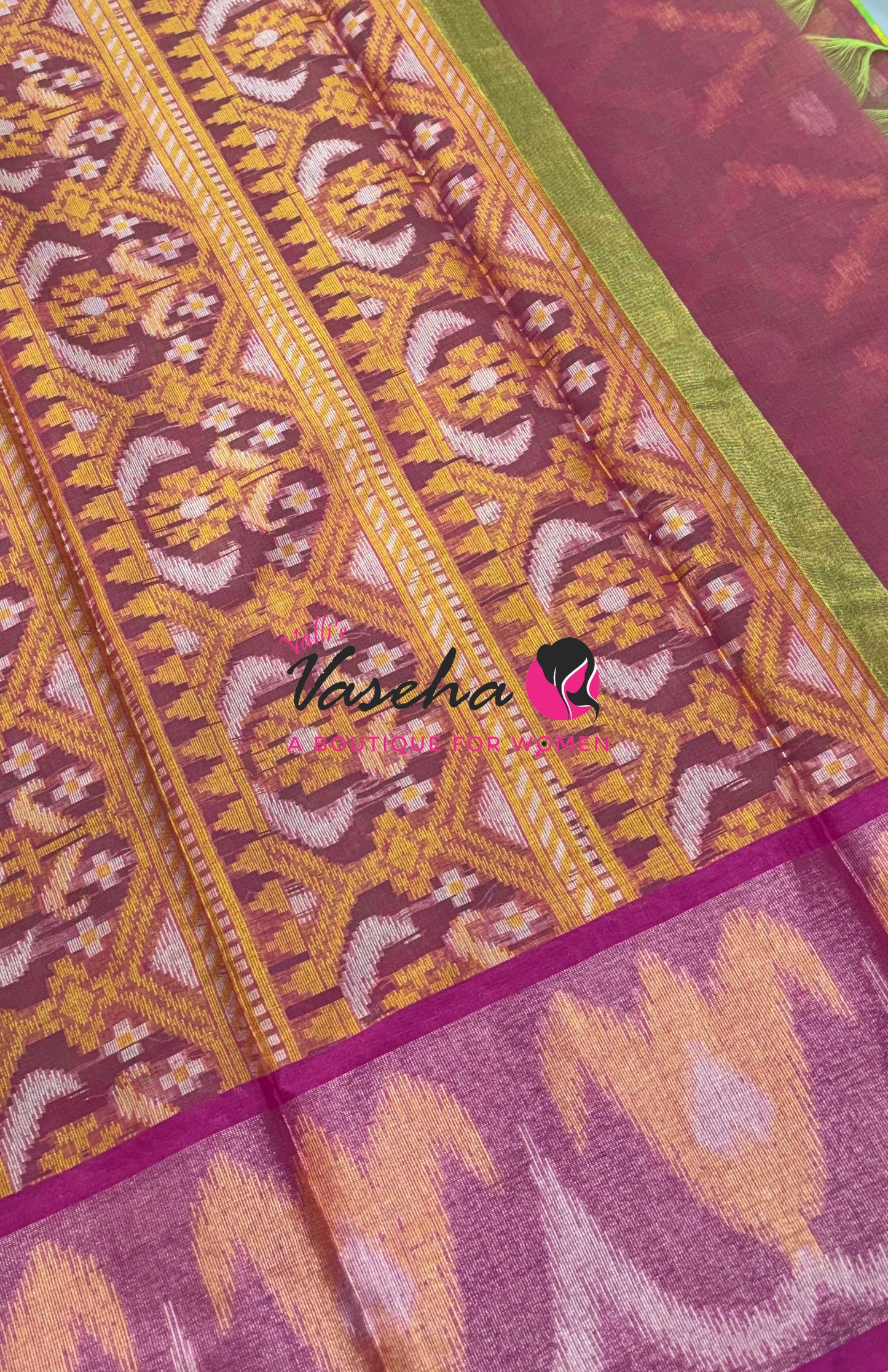 Banarasi Pochampally Weaving Semi Soft Cotton Saree - Parrot Green with Pink  - VVBPS001