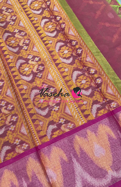 Banarasi Pochampally Weaving Semi Soft Cotton Saree - Parrot Green with Pink  - VVBPS001