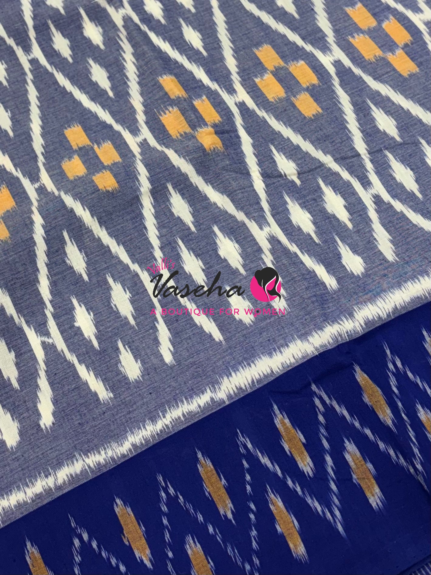 Double Ikkat Pure Cotton Saree -  Blue With Red  - VVIKS002