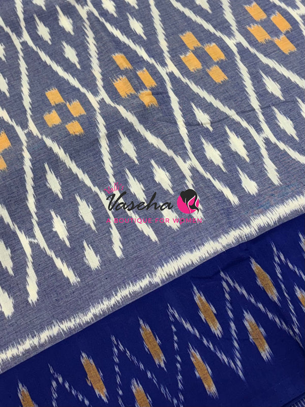 Double Ikkat Pure Cotton Saree -  Blue With Red  - VVIKS002