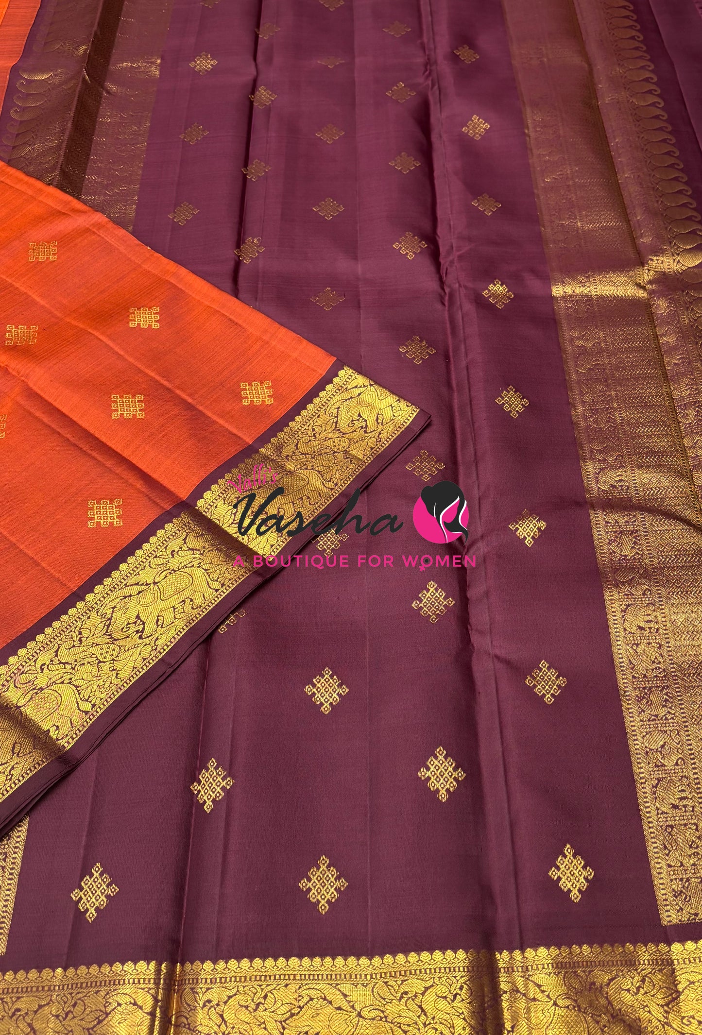Pure Kanchipuram Silk Saree - Rust Orange & Wine Brown Combo - VVPS025