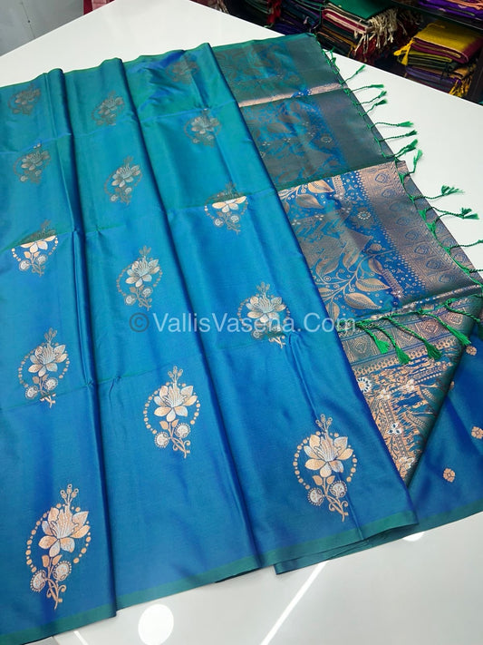Semi Soft Silk - Border less - Double tone Peacock Blue Shade -VVSSS007