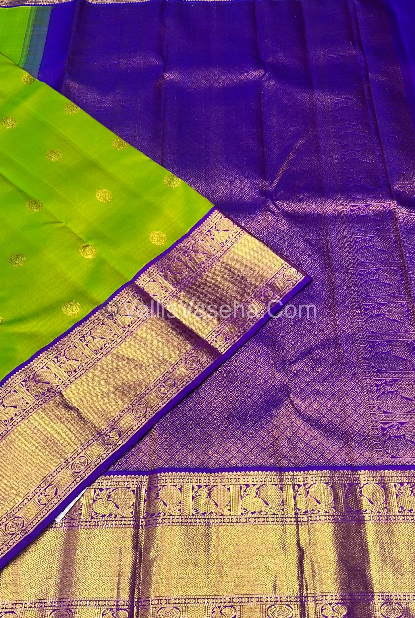 Pure Kanchipuram Silk Saree - Lemon Green / Sneha Green With Purple Combo - VVPS010