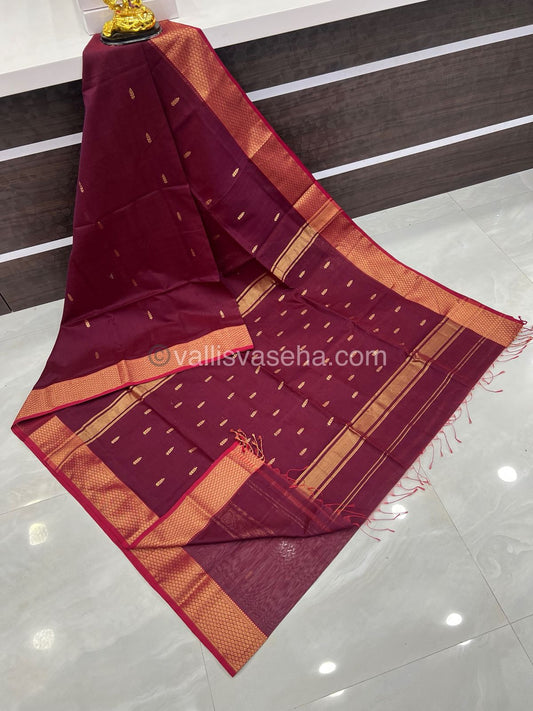 Pure Maheshwari Silk Cotton Saree -  Maroonish Wine Color - VVMSC003