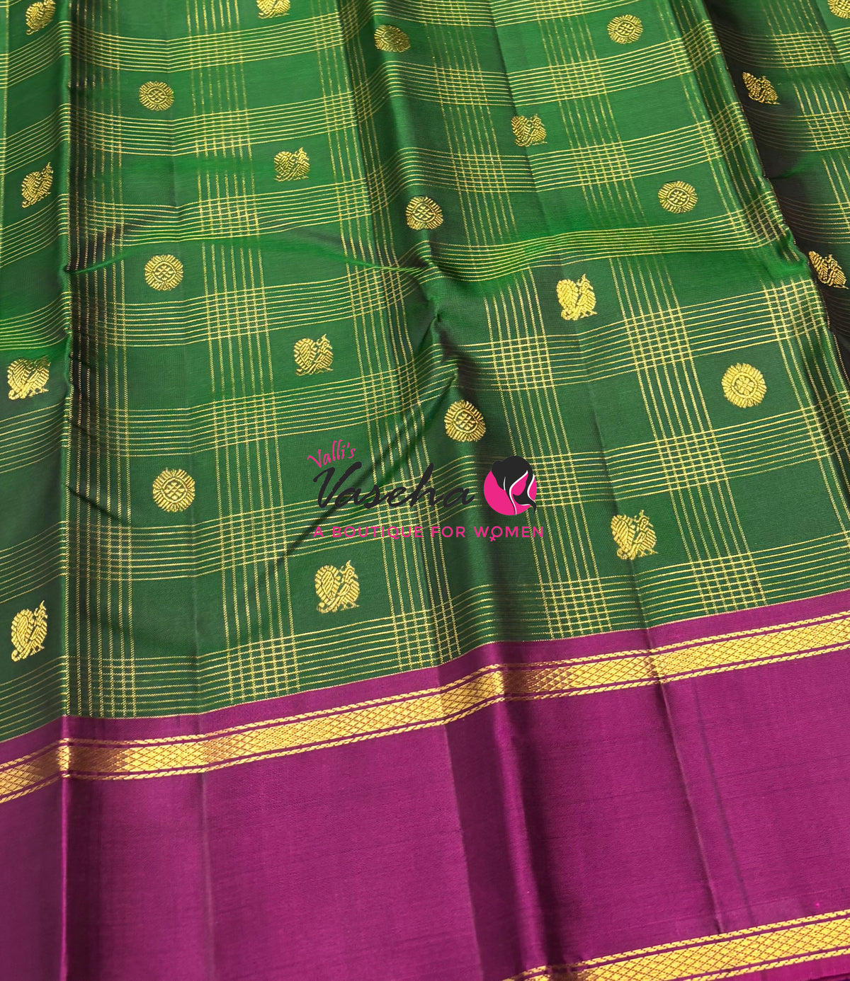 Pure Kanchipuram Silk Saree - Green & Purplish Pink Combo - VVPS037
