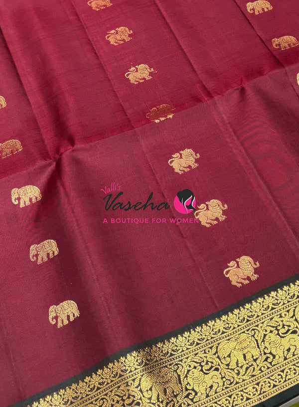 Pure Soft Silk Saree - Kanchi Border - Wine Merun with Dual Tone Green Combo - VVPSS015