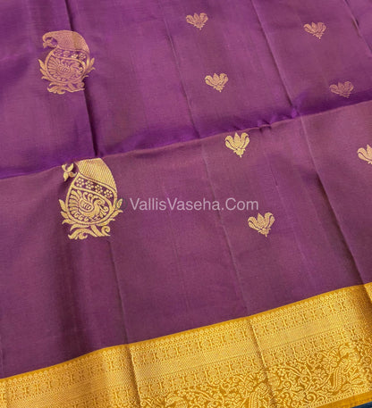 Pure Soft Silk Saree - Kanchi Border - Purple & Mustard Yellow Combo - VVPSS046